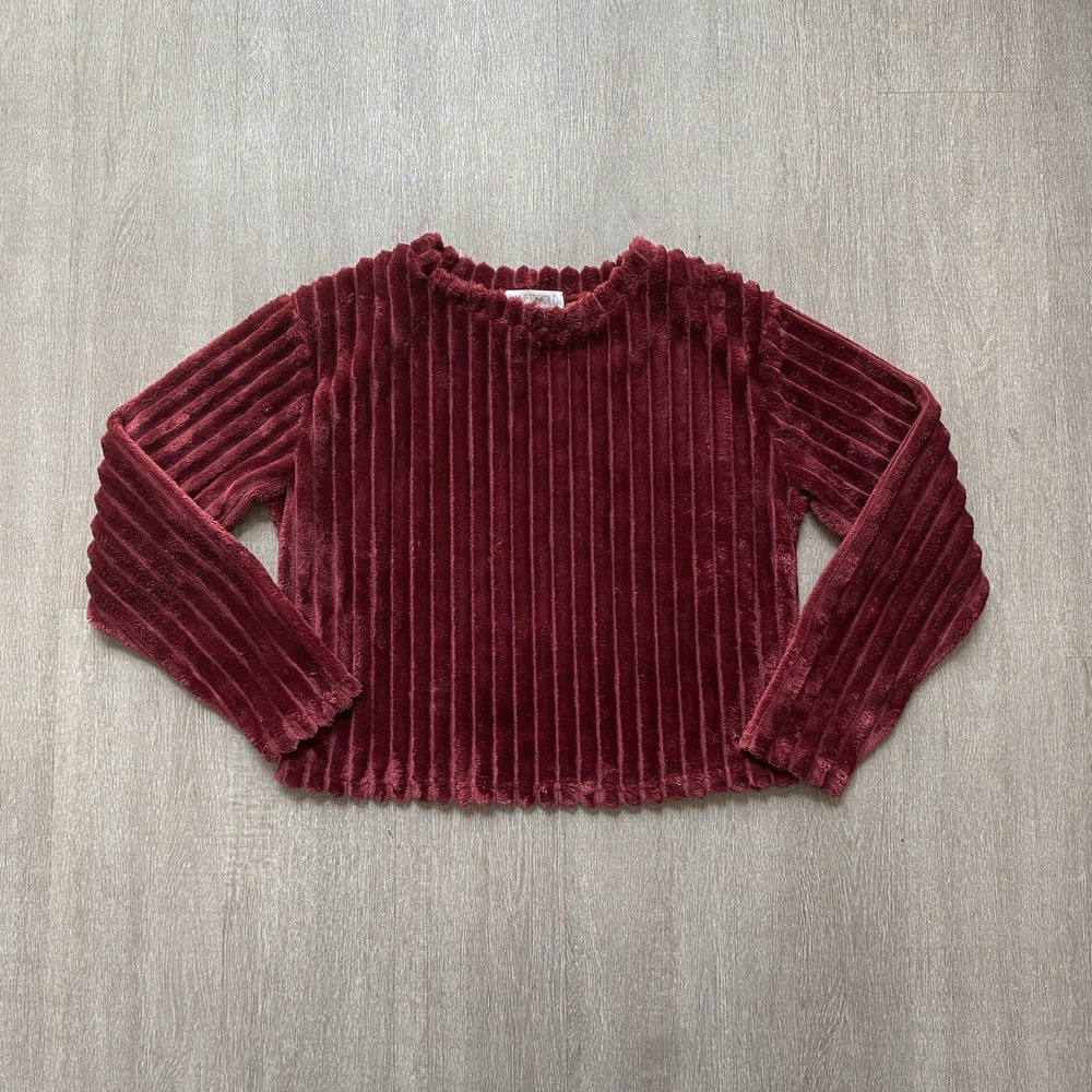 Planet Gold Faux Fur‎ Velvet Maroon Ribbed Pullover Size Small 1456
